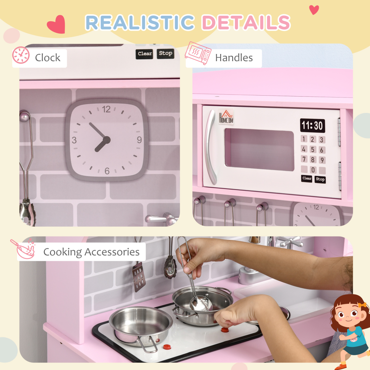 Kids Kitchen Playset with Lights and Sounds, Sink, Oven, Microwave, Ages 3-6, HOMCOM