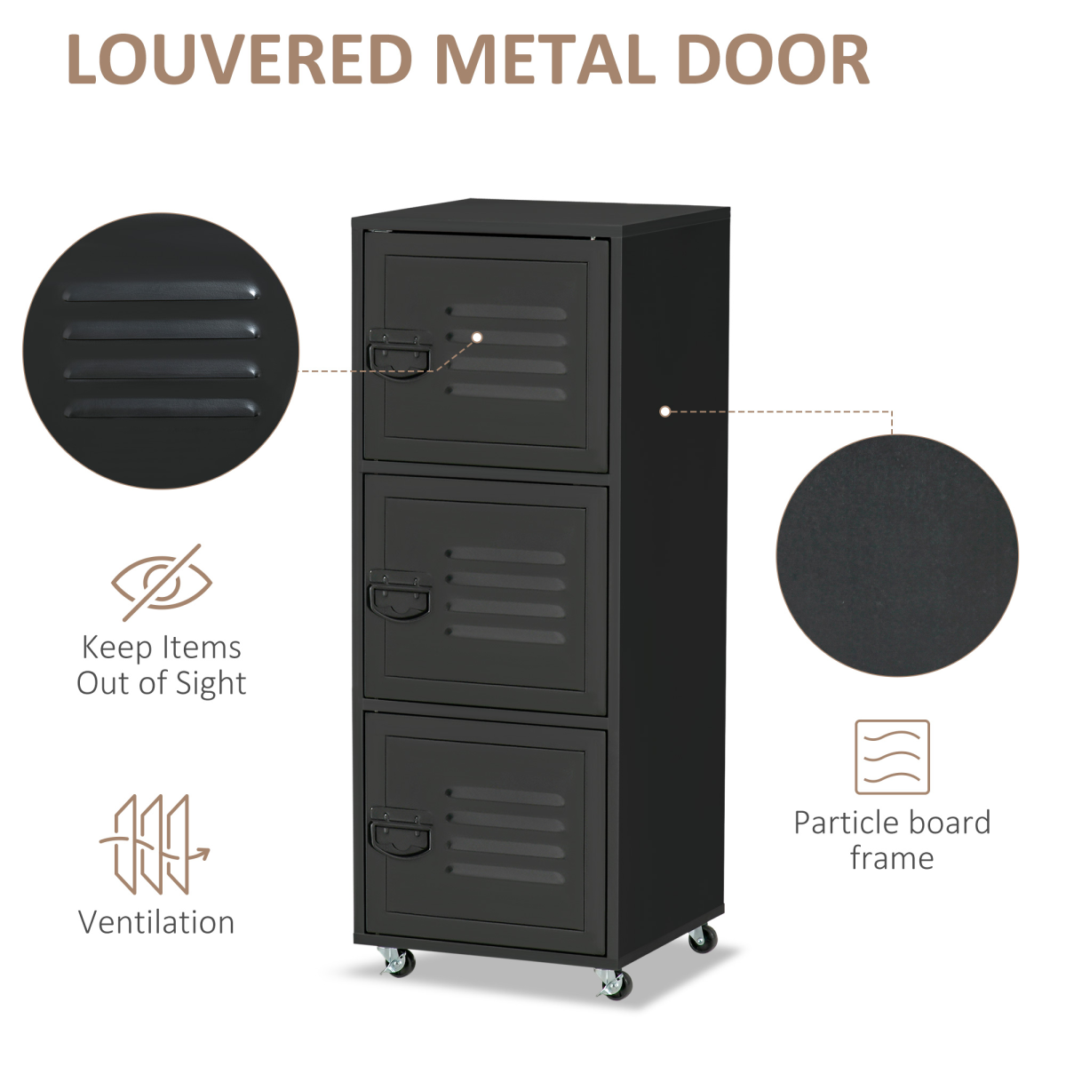 3-Tier Rolling Storage Cabinet with Wheels, Metal Doors, Black