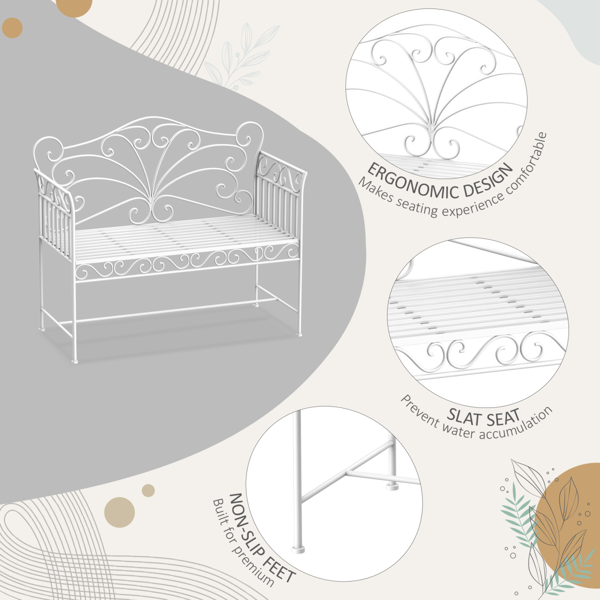 Outsunny 2-Seater White Metal Garden Bench with Backrest
