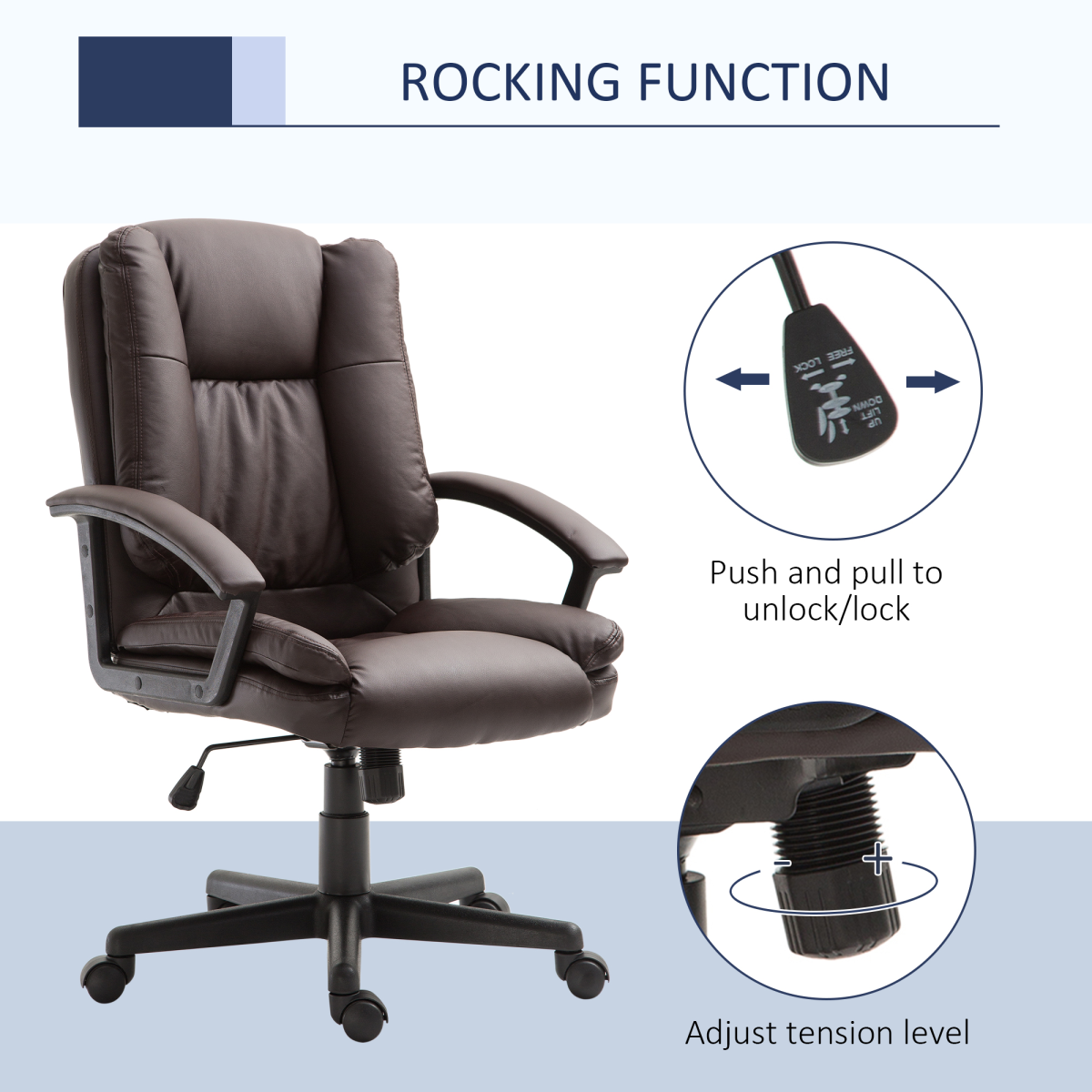 Swivel Executive Mid Back PU Leather Office Chair with Arm, Brown