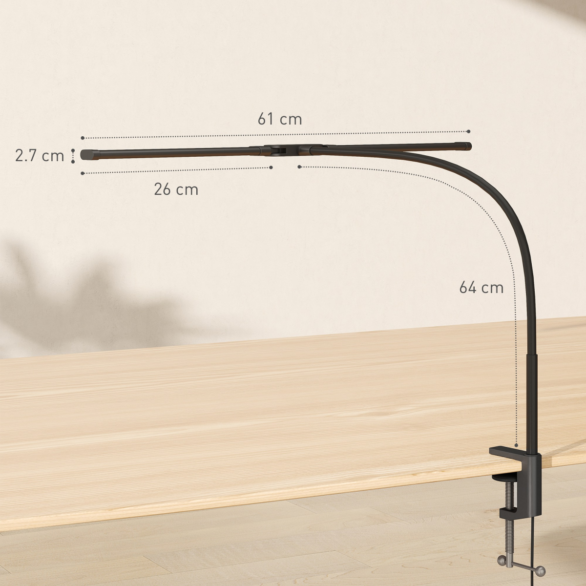 HOMCOM Double Head Dimmable Clamp Desk Lamp, 3 Colour Modes, Black