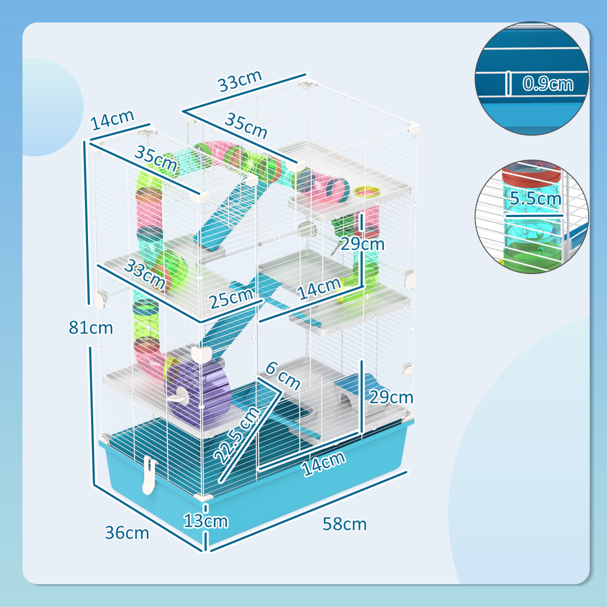 PawHut 6-Tier Twin Tower Hamster Cage with Accessories, Light Blue