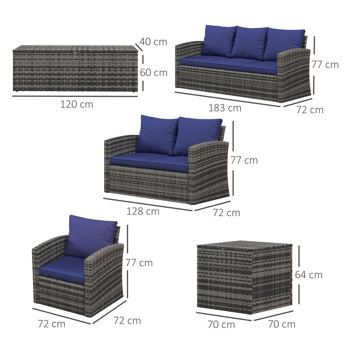Outsunny 6-Piece Patio Rattan Sofa Set, 7-Seater, Navy Blue Cushions