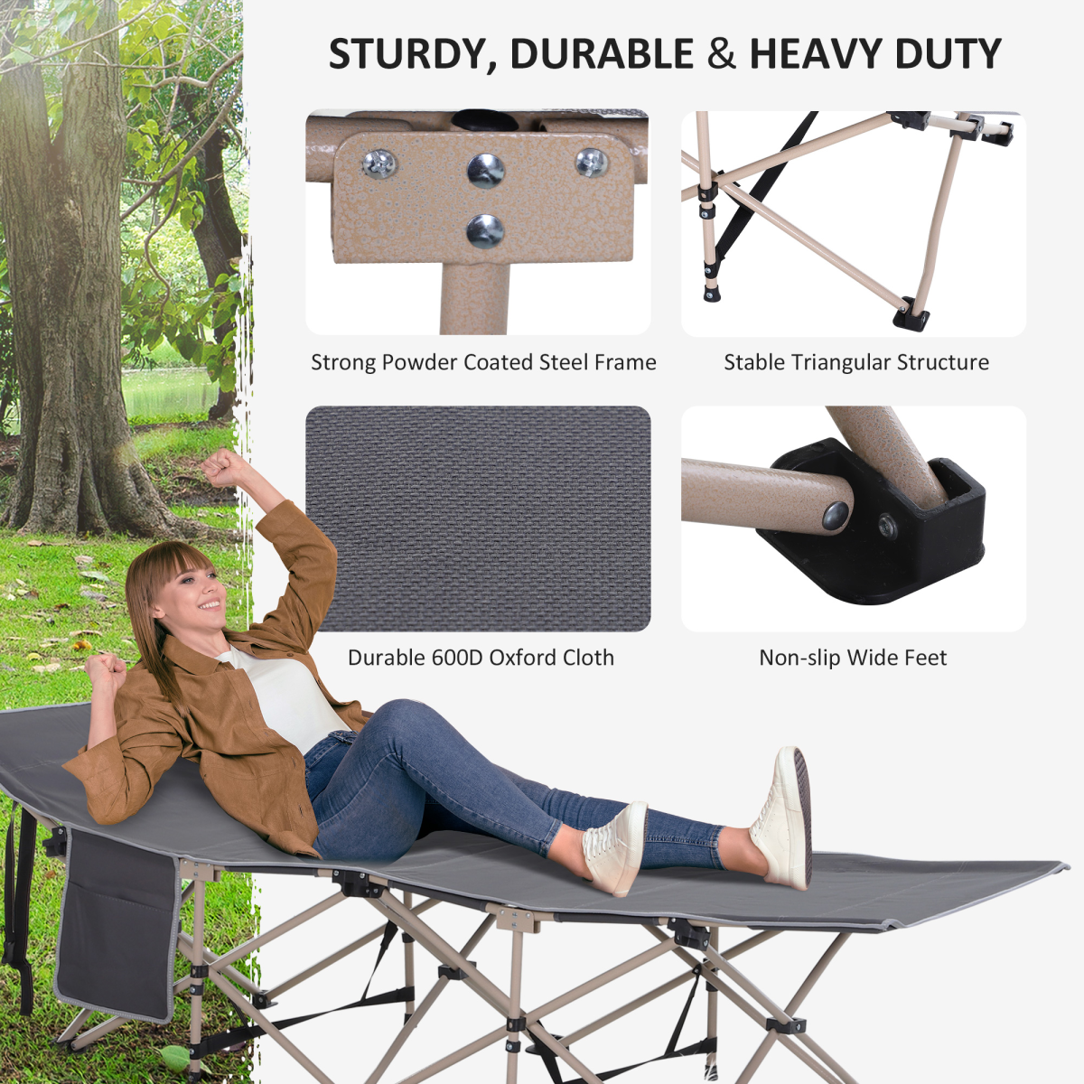Outsunny Portable Outdoor Camping Cot with Steel Frame and Travel Bag, Grey and Beige