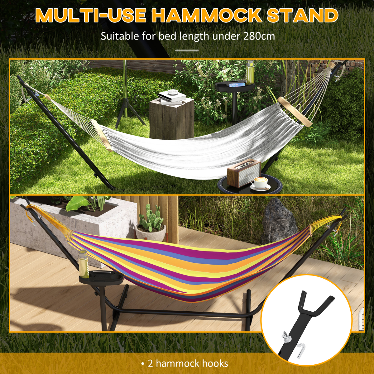 Outsunny Powder-Coated Steel Hammock Stand with Side Tray, Fits Hammocks up to 280 cm, Black