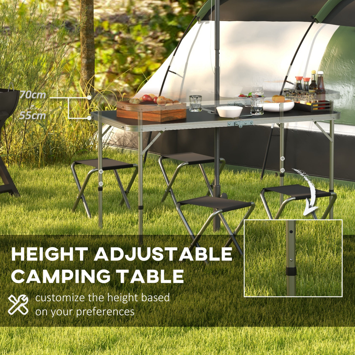 Outsunny Folding Picnic Table Set with 4 Chairs, Adjustable Height