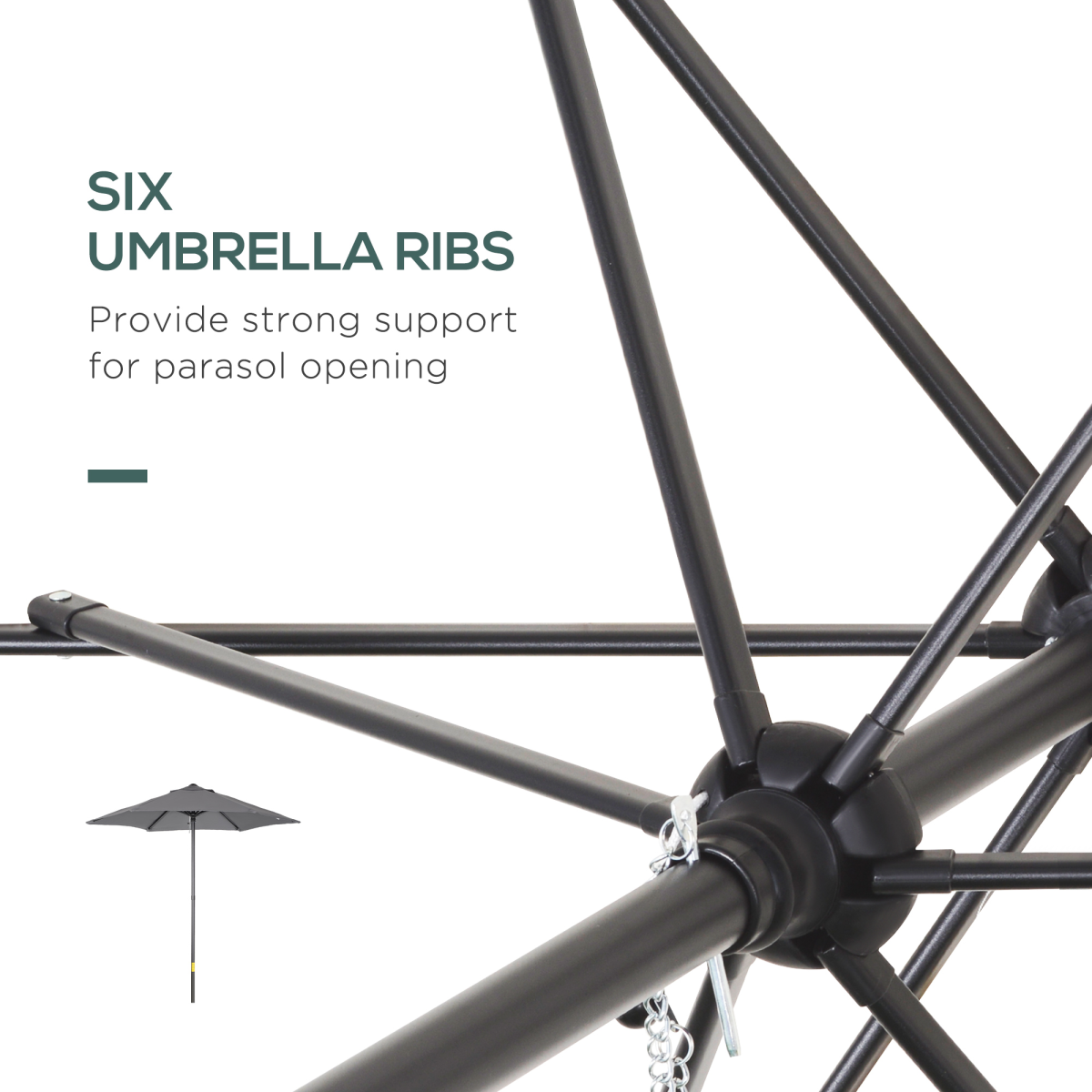 Outsunny 1.96m Dark Grey Outdoor Parasol Patio Umbrella with Aluminium Frame and 6 Steel Ribs