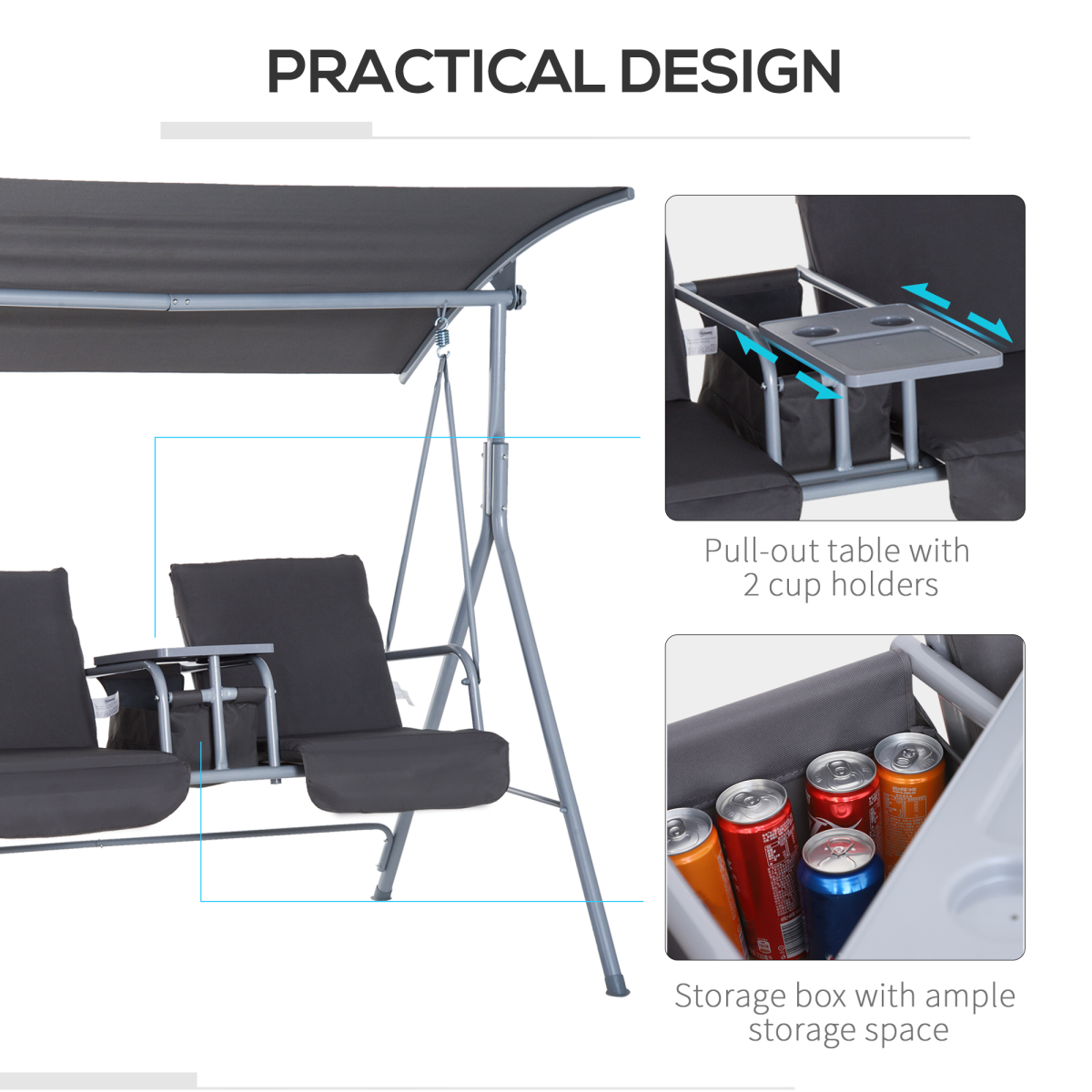 Outsunny Grey Steel Frame 2-Seater Swing Chair with Table and Cup Holders