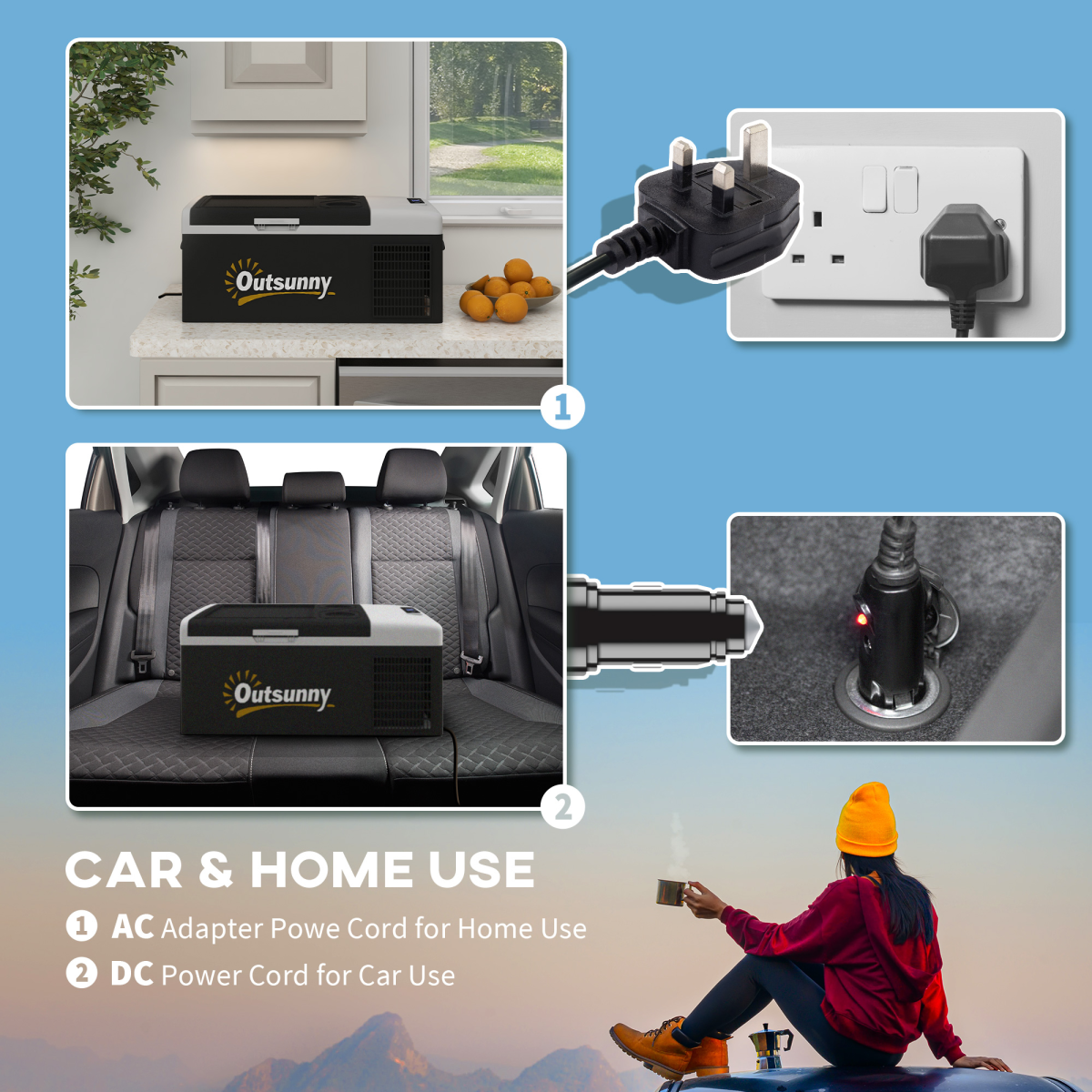Outsunny 16L Portable Car Fridge Freezer, 12/24V DC & 100-240V AC