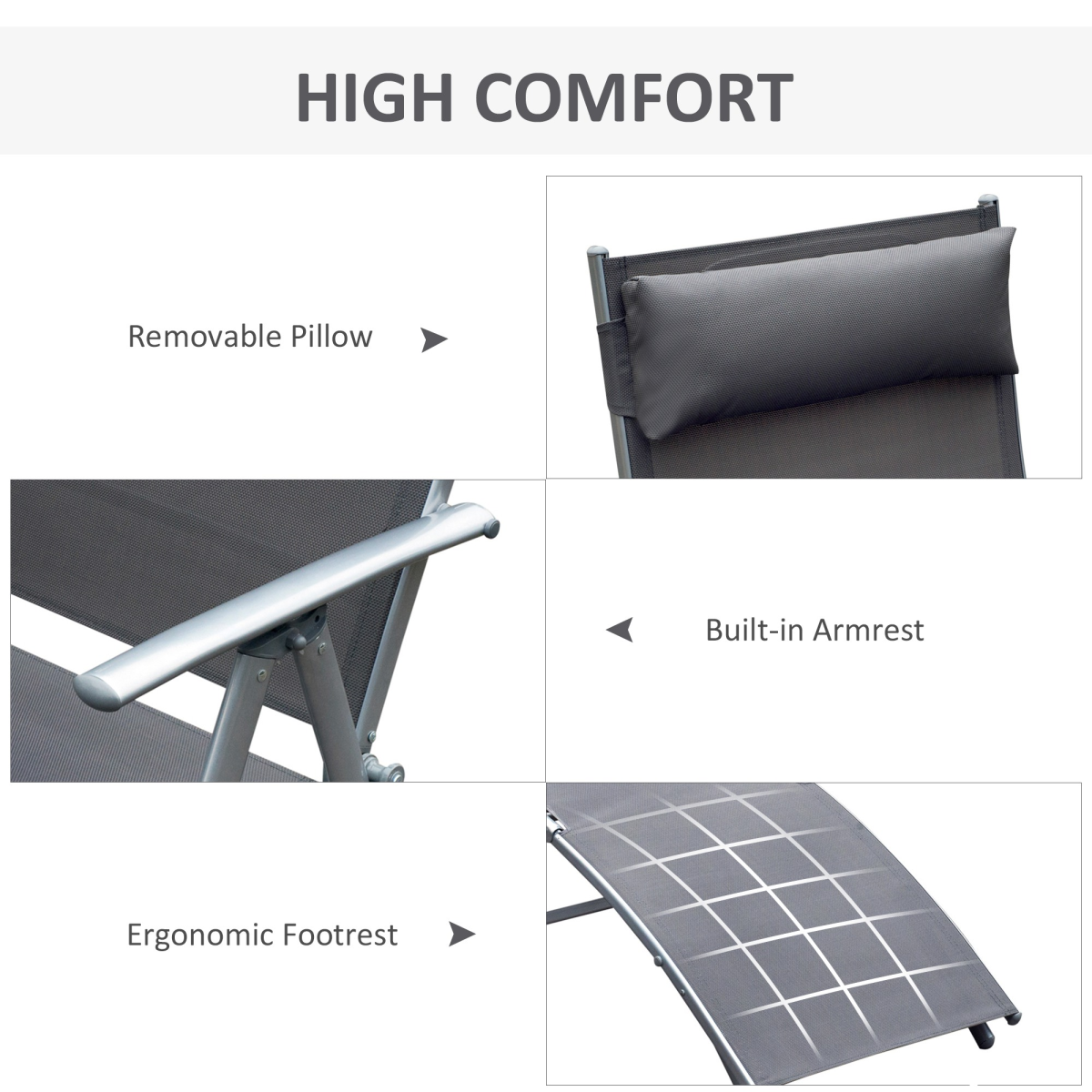 Outsunny Foldable Sun Lounger Recliner with Pillow, 5-Level Adjustable Backrest, Textilene, Grey
