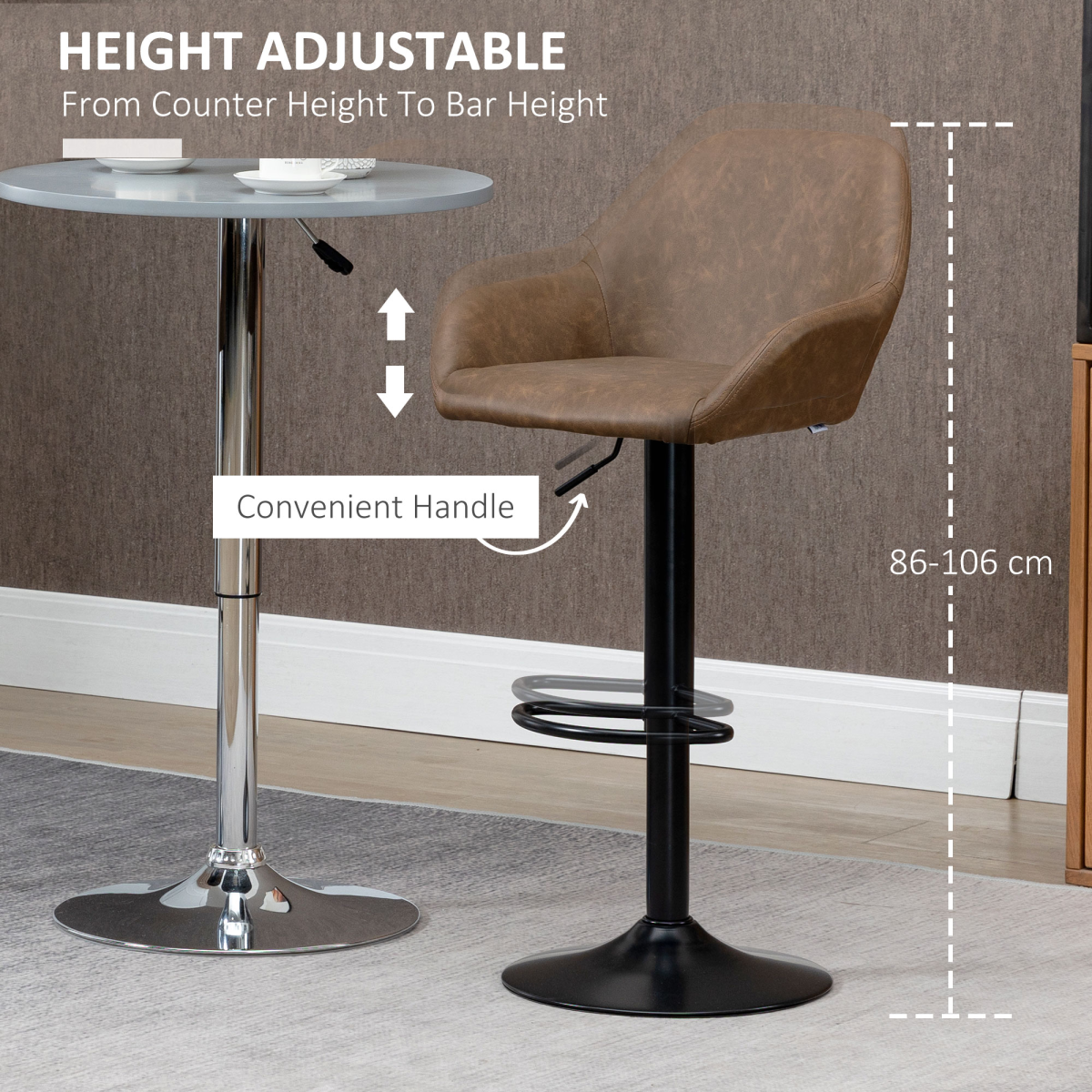 HOMCOM Set of 2 Swivel Bar Stools with Footrest and Backrest, Adjustable Height, PU Leather and Steel, Brown