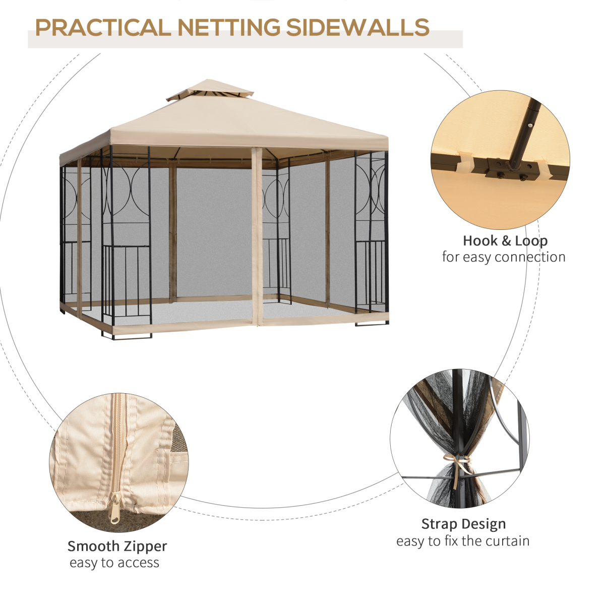 Outsunny 3x3m Outdoor Gazebo Tent with Netting, 2-Tier Roof