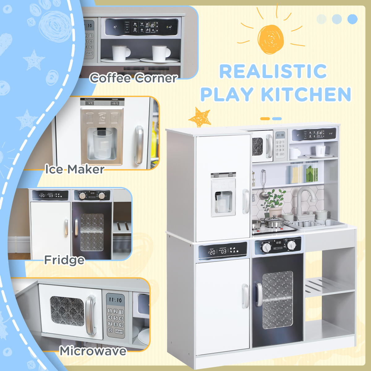 AIYAPLAY Kids Play Kitchen Set with Lights, Sounds, Microwave
