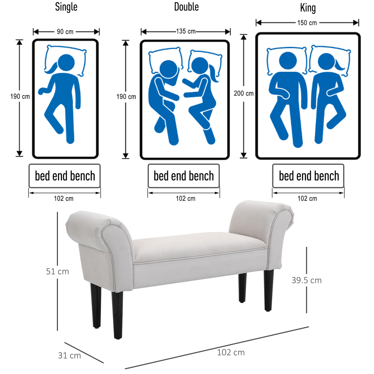 Flannelette Upholstered End Bench with Wooden Legs and Rolled Ends