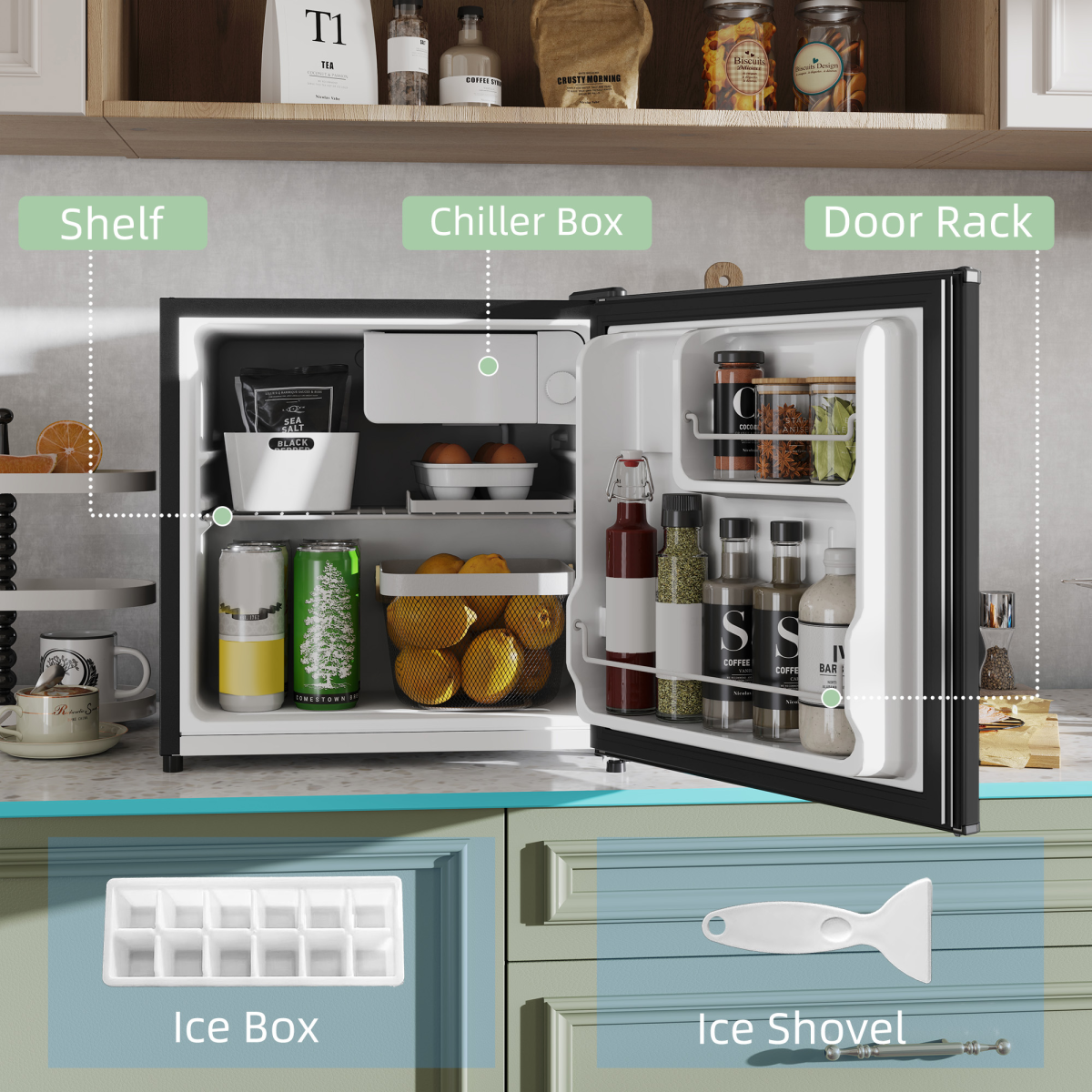 HOMCOM 46L Counter Top Mini Fridge with Chiller Box, Adjustable Temp, Black