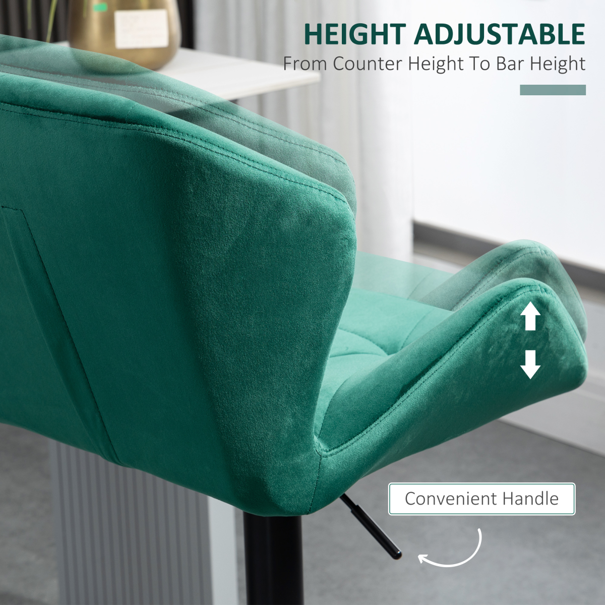 HOMCOM Set of 2 Adjustable Velvet Bar Stools with Footrest, Green