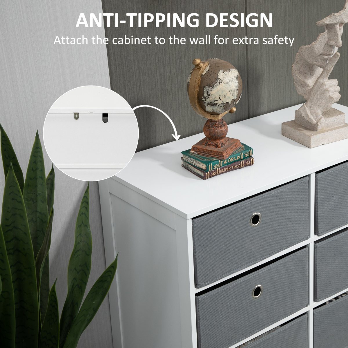 HOMCOM Fabric Dresser Storage Cabinet with 6 Drawers, White and Grey, Sturdy MDF Structure, Flat Top Storage?