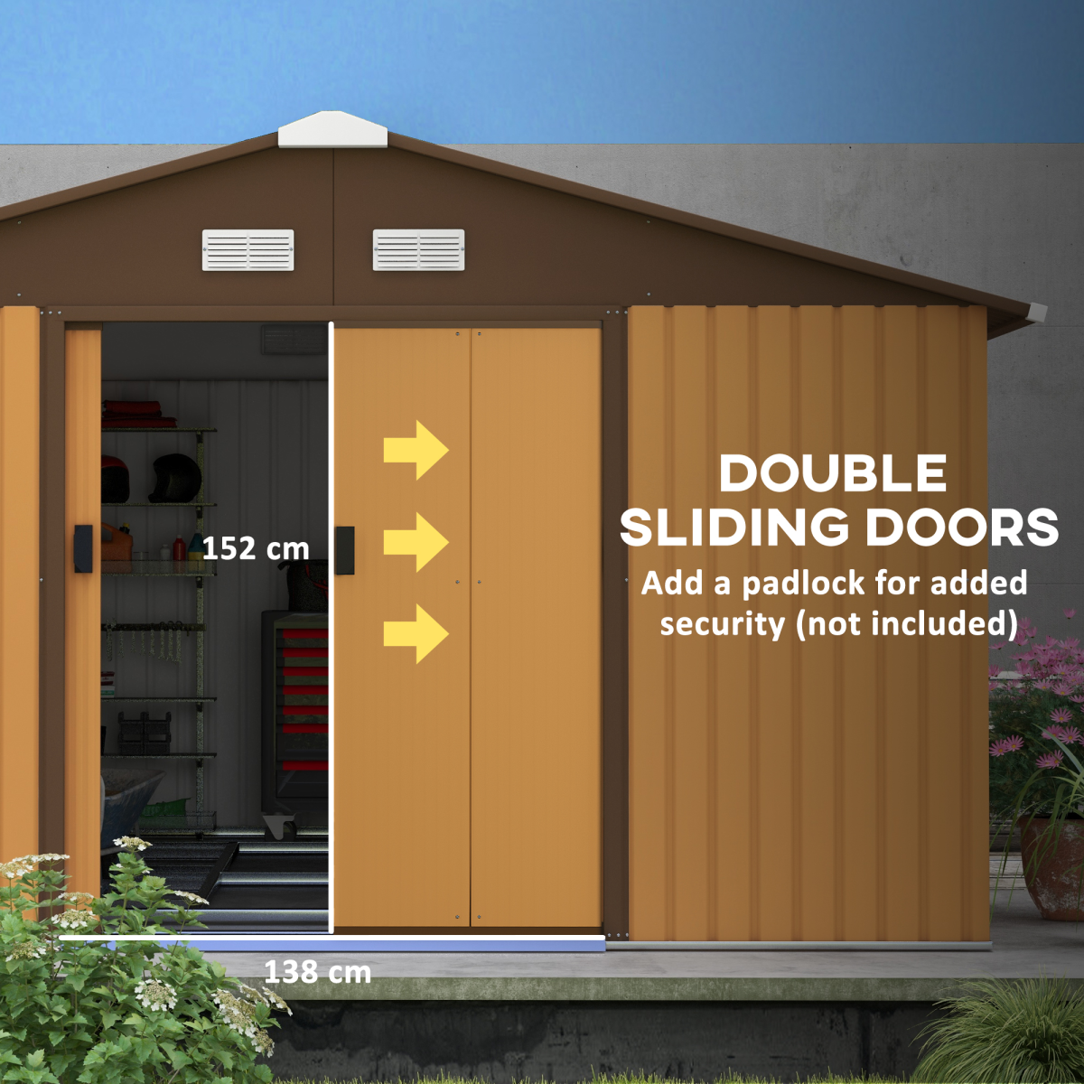 Outsunny 13ft x 11ft Metal Storage Shed with Floor Foundation, Sliding Double Doors, Light Brown