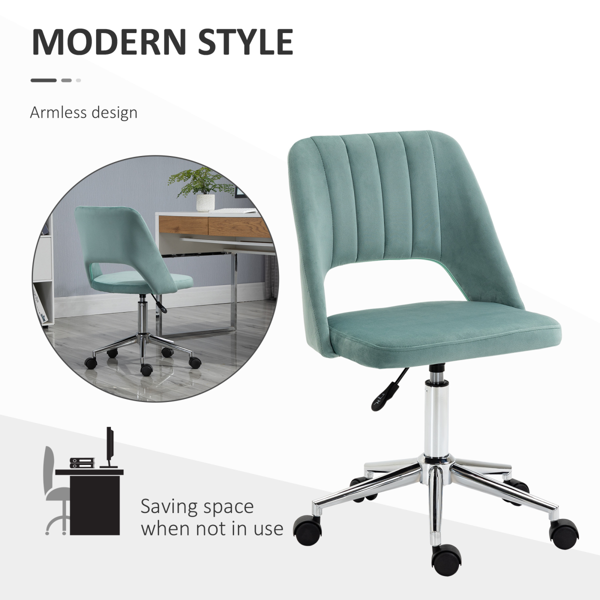Vinsetto Green Velvet Scallop Swivel Office Chair