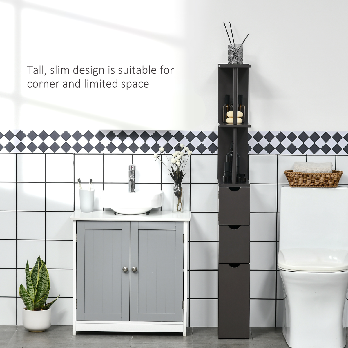 HOMCOM Tall Bathroom Storage Cabinet with Shelves and Drawers, Brown