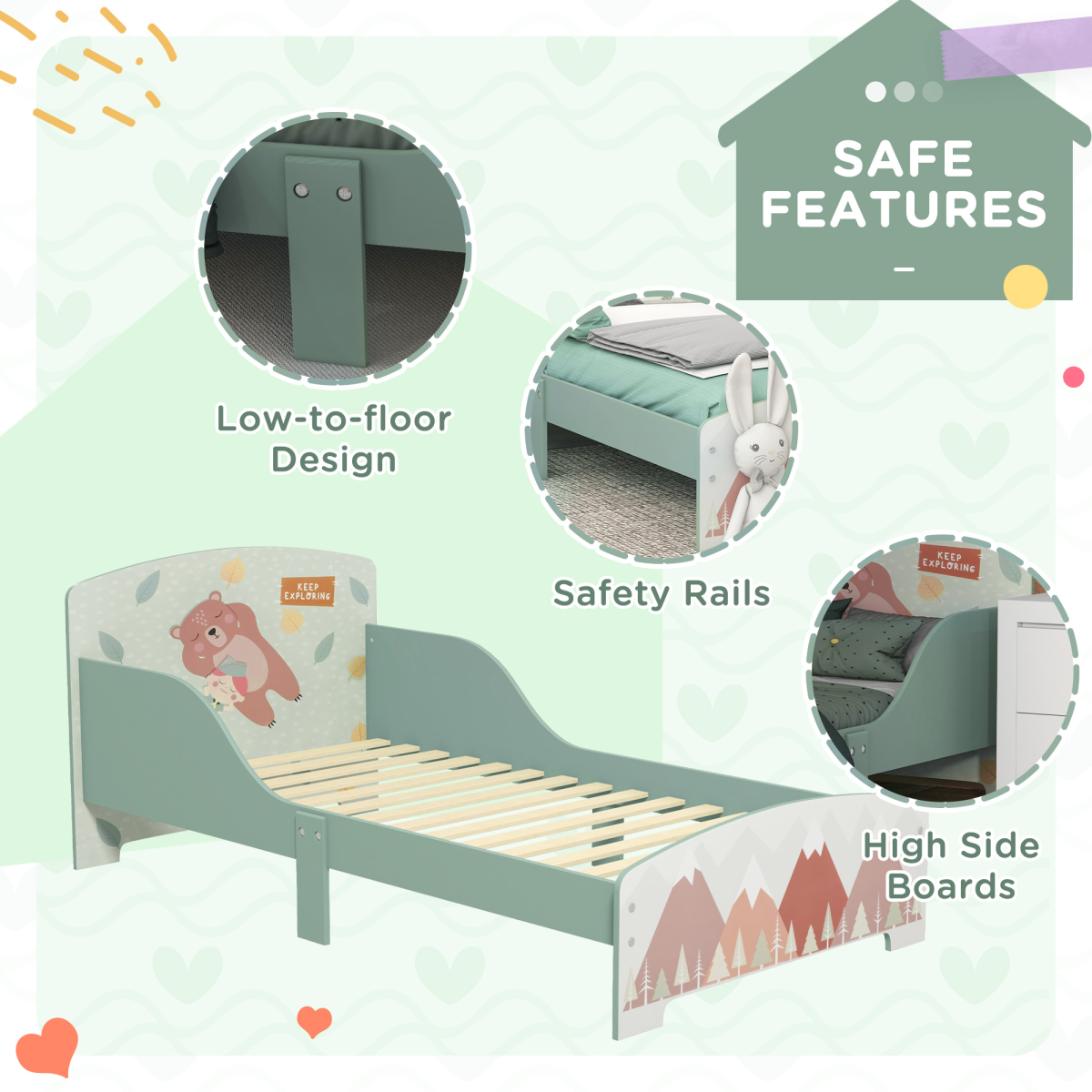 ZONEKIZ Green Toddler Bed Frame with Safety Side Panels, Ages 3-6