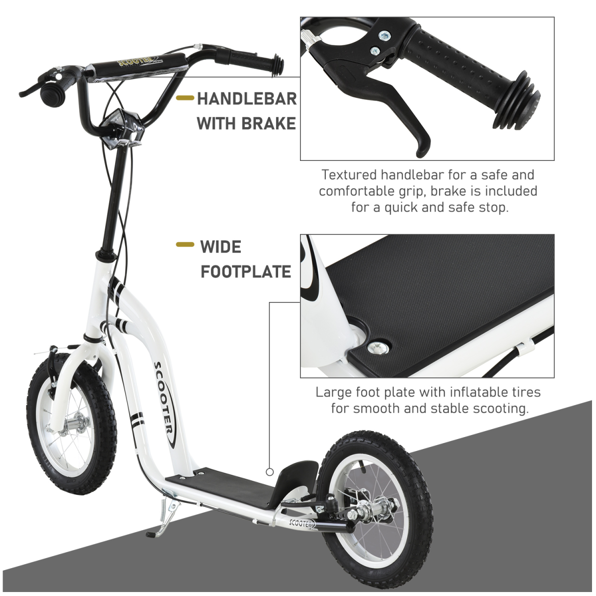 HOMCOM Dual-Brake Kick Scooter with 12-Inch Inflatable Wheels, Adjustable Height