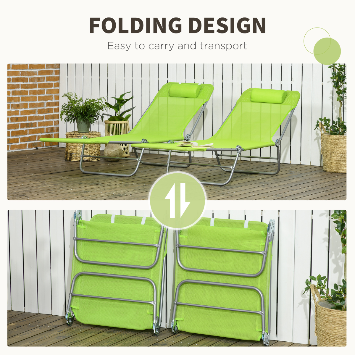 Outsunny Folding Sun Loungers Set of 2, Adjustable Backrest, Pillow, Green