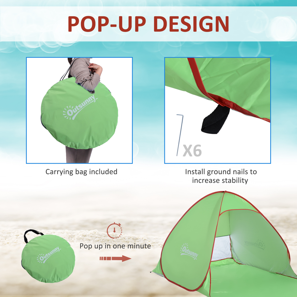 Pop-Up Beach Tent for 2-3 People with Stakes, Carry Bag & Vent