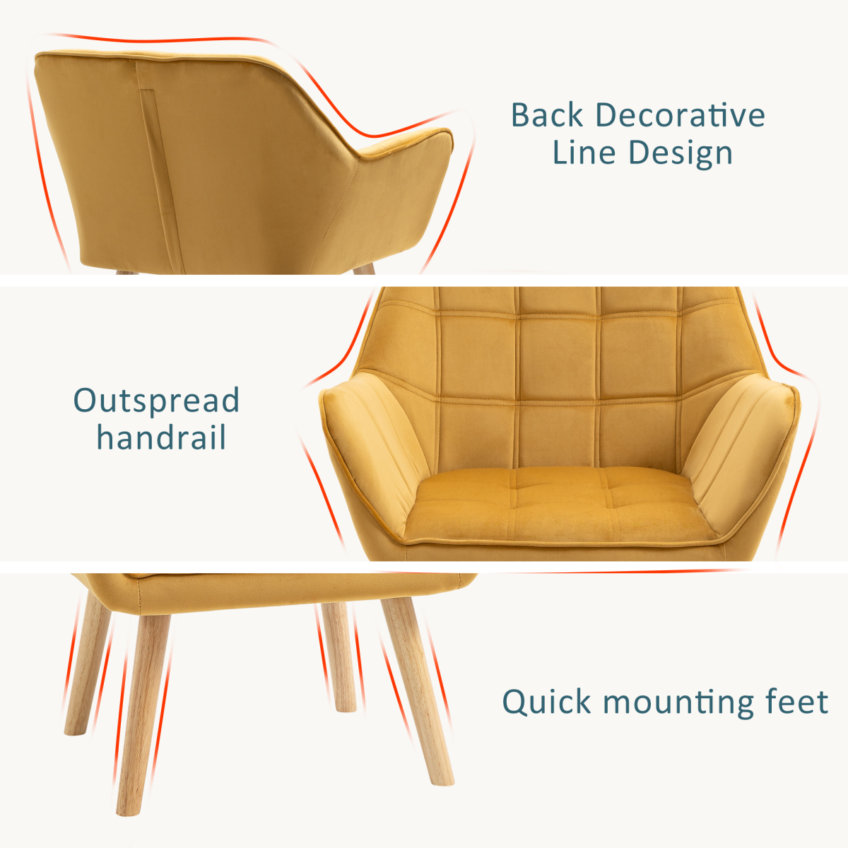 HOMCOM Velvet-Feel Tub Accent Chair with Wide Arms, Slanted Back and Wood Legs