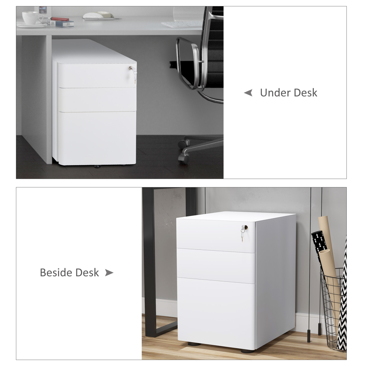 3 Drawer Steel Filing Cabinet Lockable 4 Wheels Compact Under Desk White