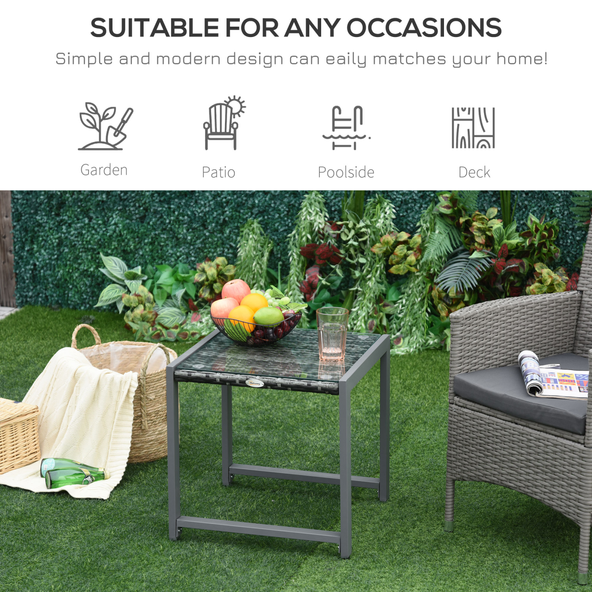 Outsunny Grey PE Rattan Patio Table with Tempered Glass Top and Aluminium Frame