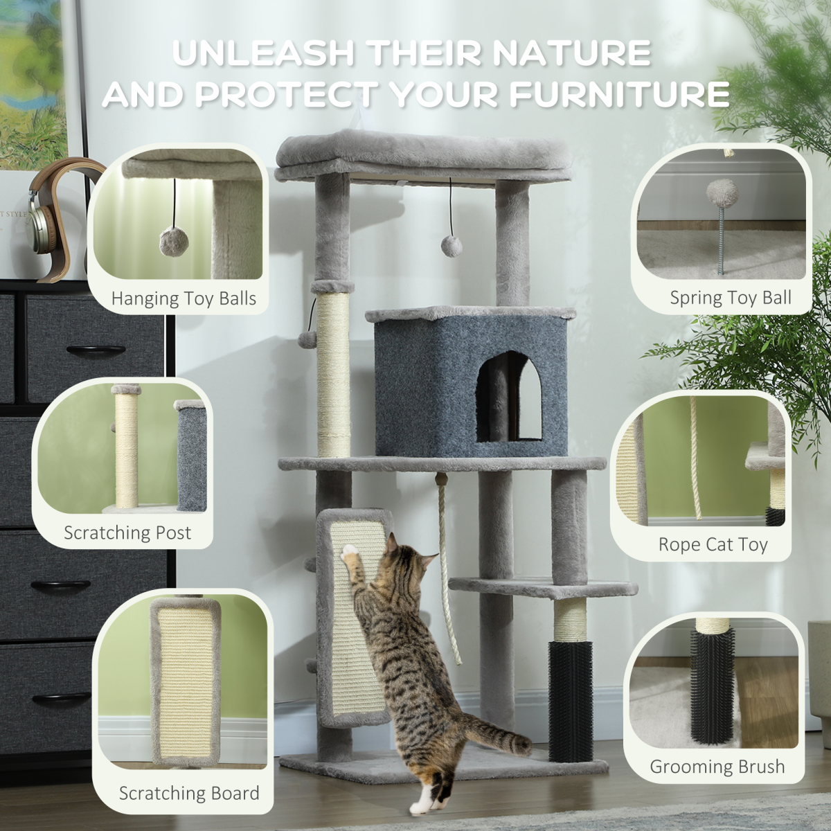 PawHut 132cm Indoor Cat Tree with Scratching Posts, Light Grey