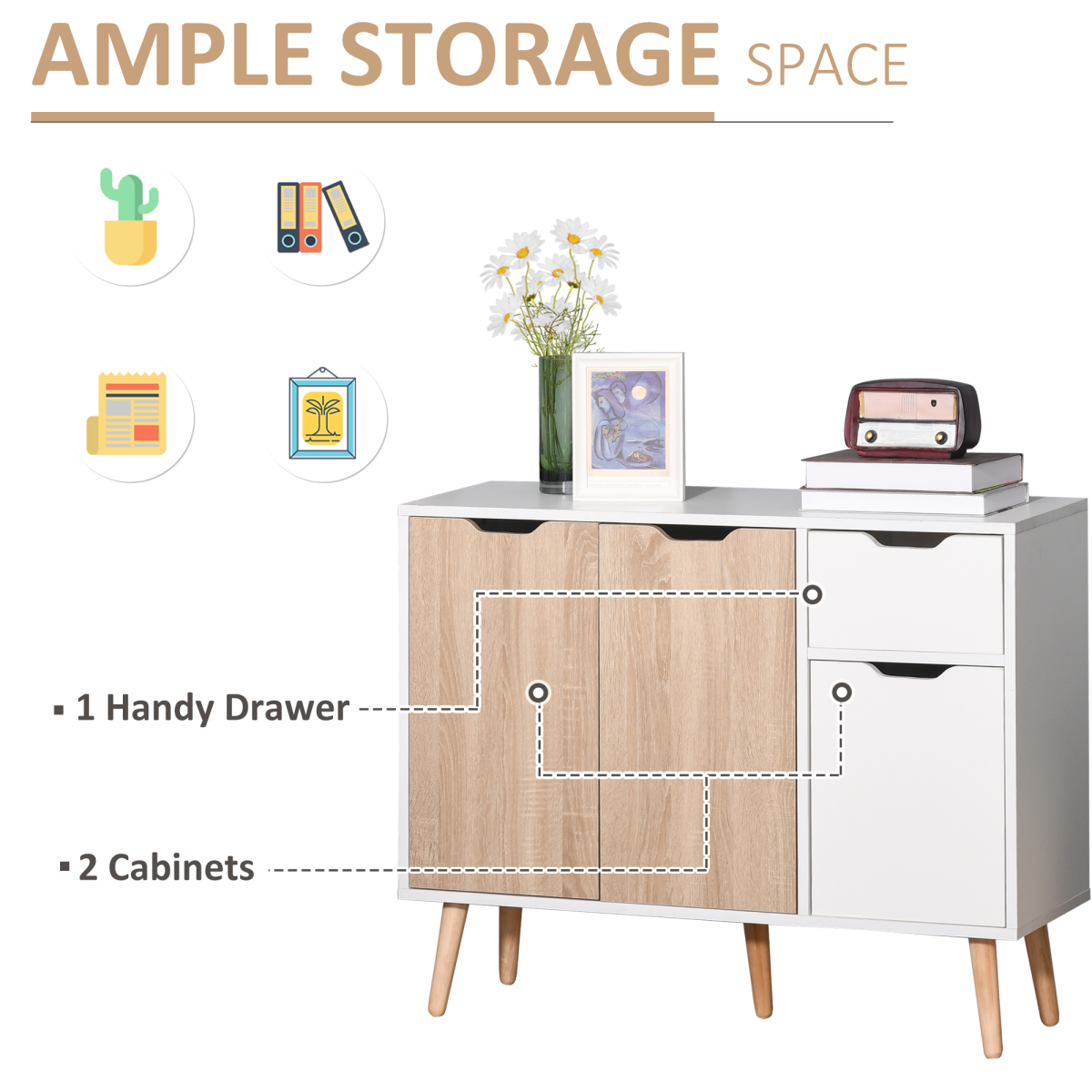 Modern Scandinavian Storage Cabinet Sideboard with Drawer, 4-Part Storage, Wood Legs, Bedroom, Living Room, Home Office
