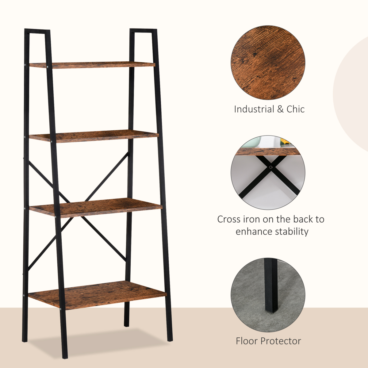 4-Tier Minimalist Ladder Shelf Unit with Steel Frame and MDF Shelves for Home Display and Storage