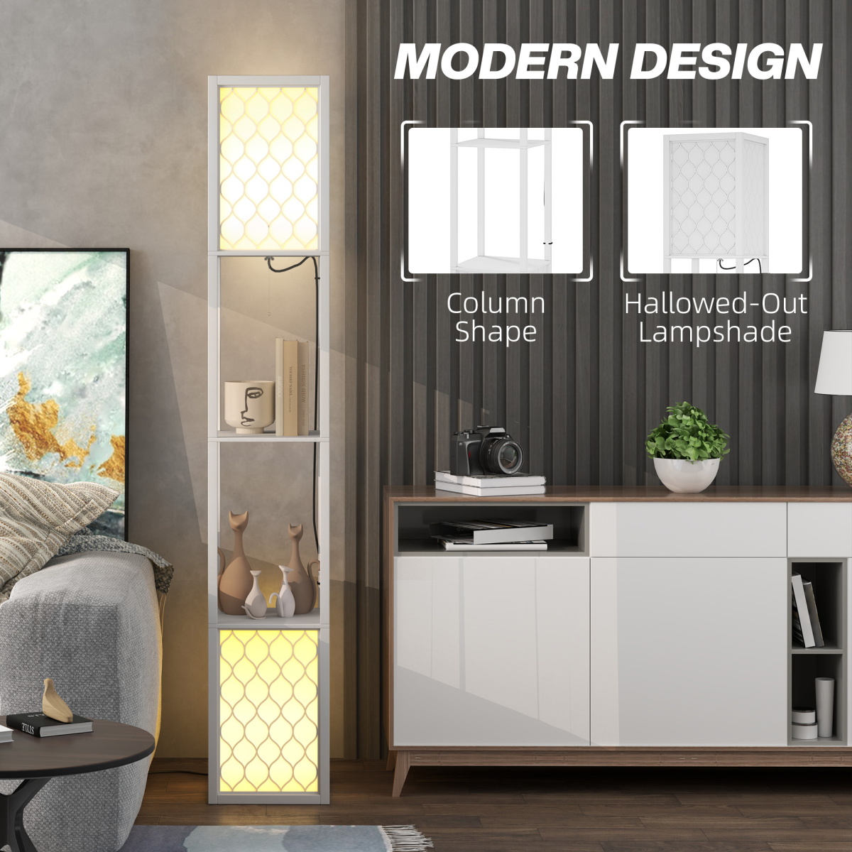 HOMCOM Modern 2-Light Floor Lamp with Shelves, White