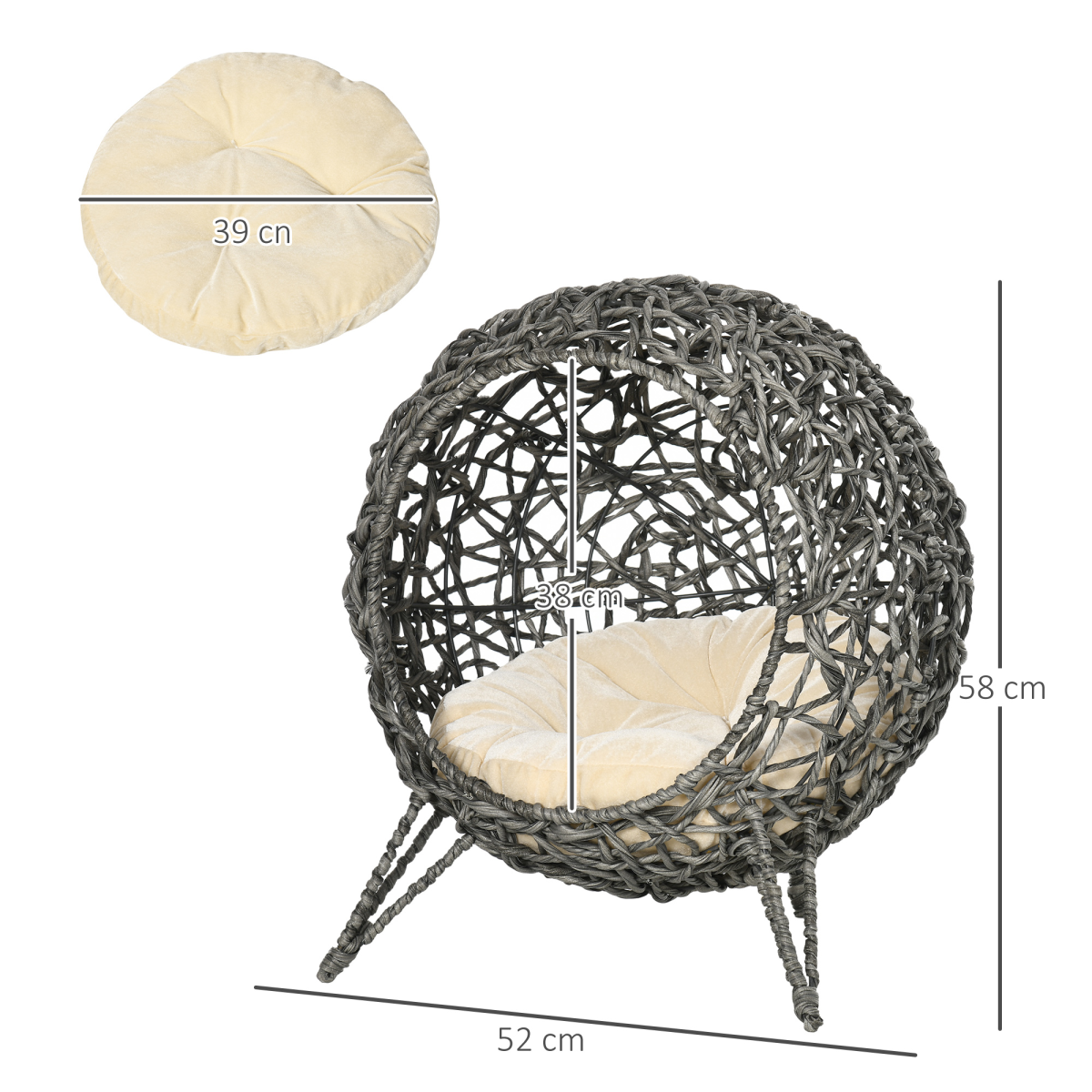 PawHut Elevated Rattan Cat House with Cushion, Grey