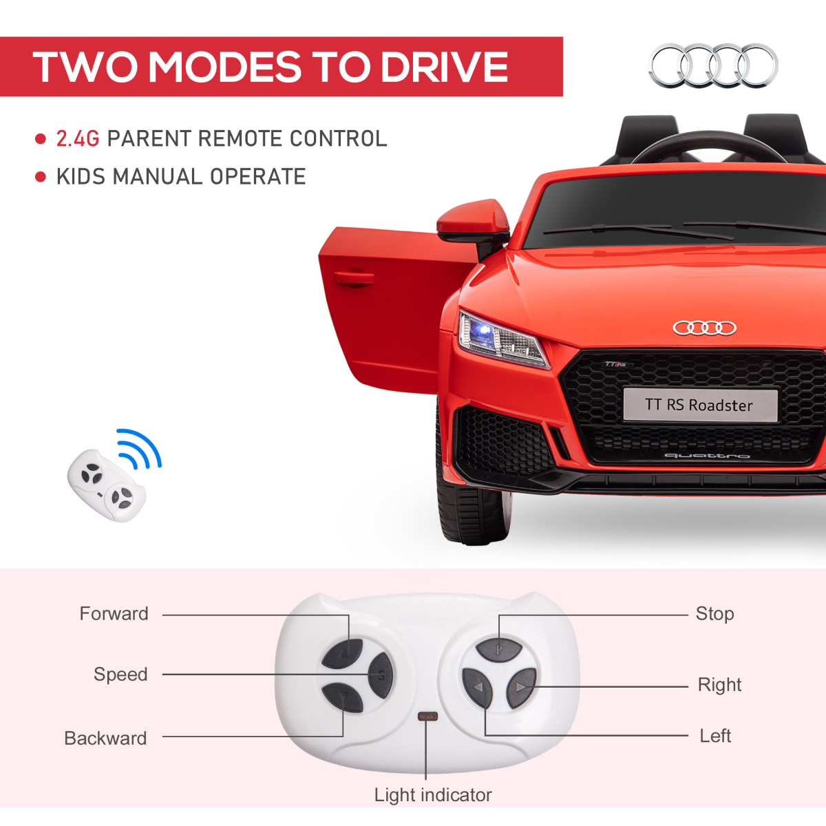 HOMCOM Licensed Audi TT RS 12V Ride On Car with Remote Control, Headlight, MP3, Red