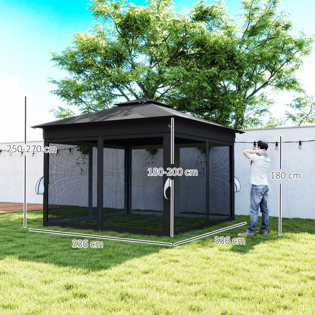 Outsunny 3 x 3m Pop Up Gazebo with Solar LED Lights and Netting, Black
