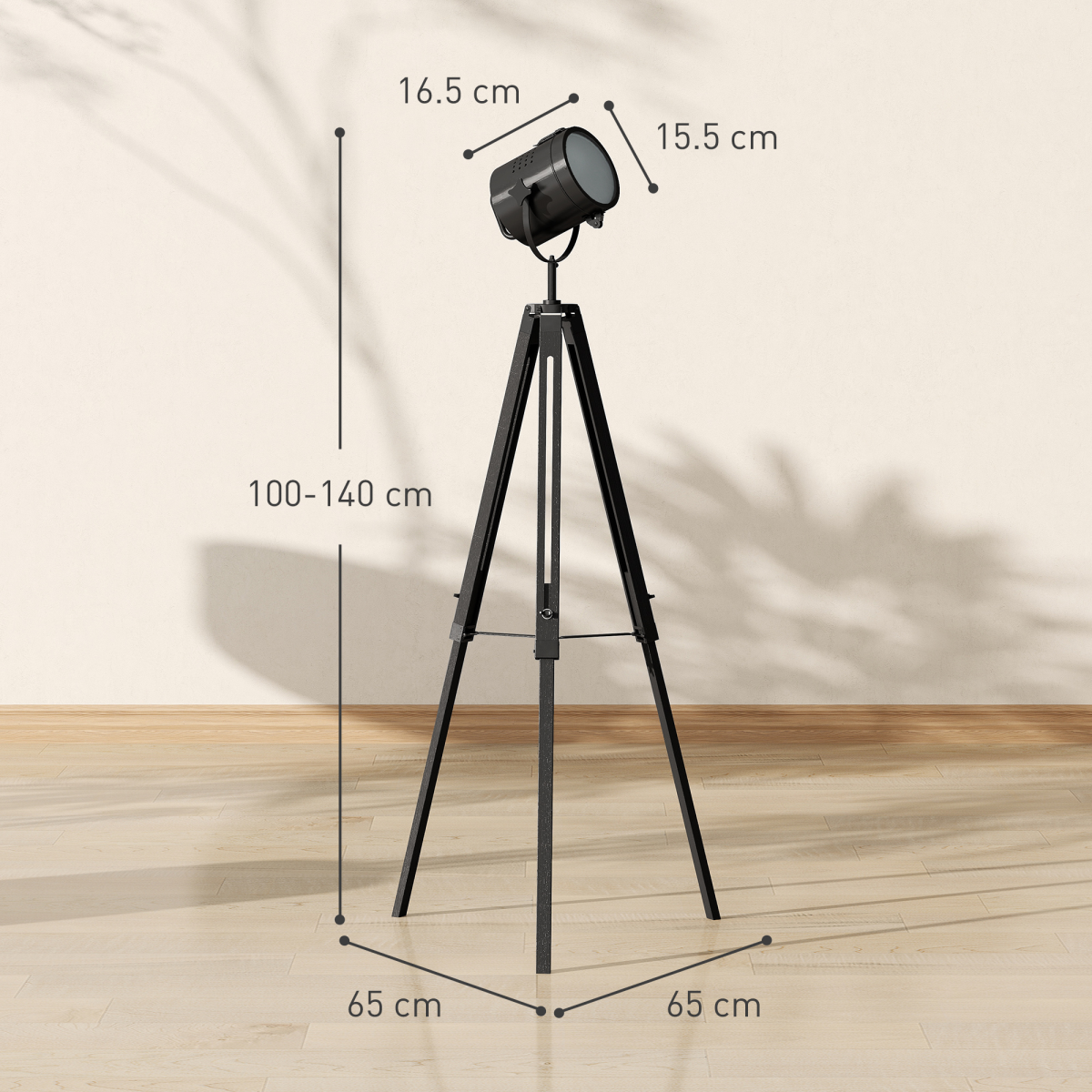 HOMCOM Industrial Adjustable Tripod Floor Lamp with Wood Base, Black