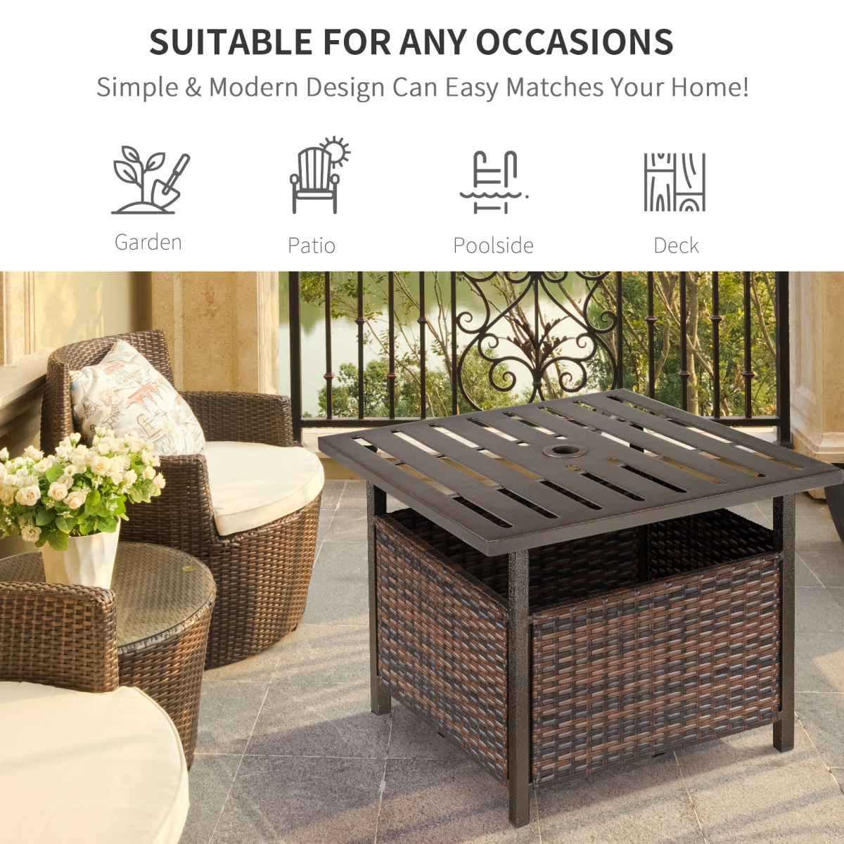 Outsunny Outdoor Rattan Coffee Table with Umbrella Hole & Storage