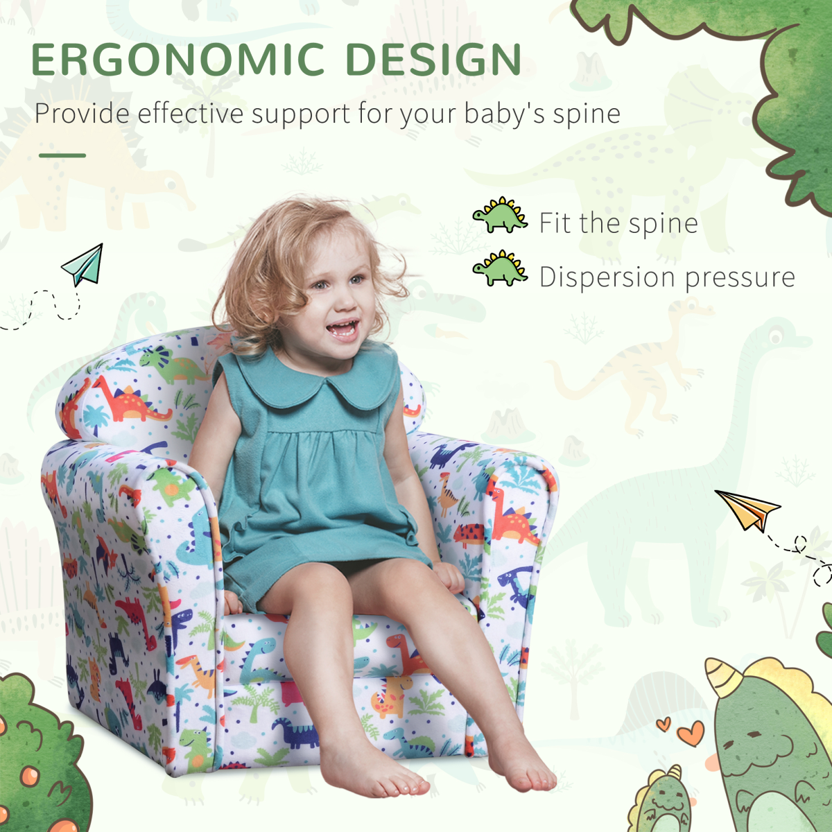 HOMCOM Kids Cartoon Dinosaur Mini Sofa Armchair, Flannel Wood