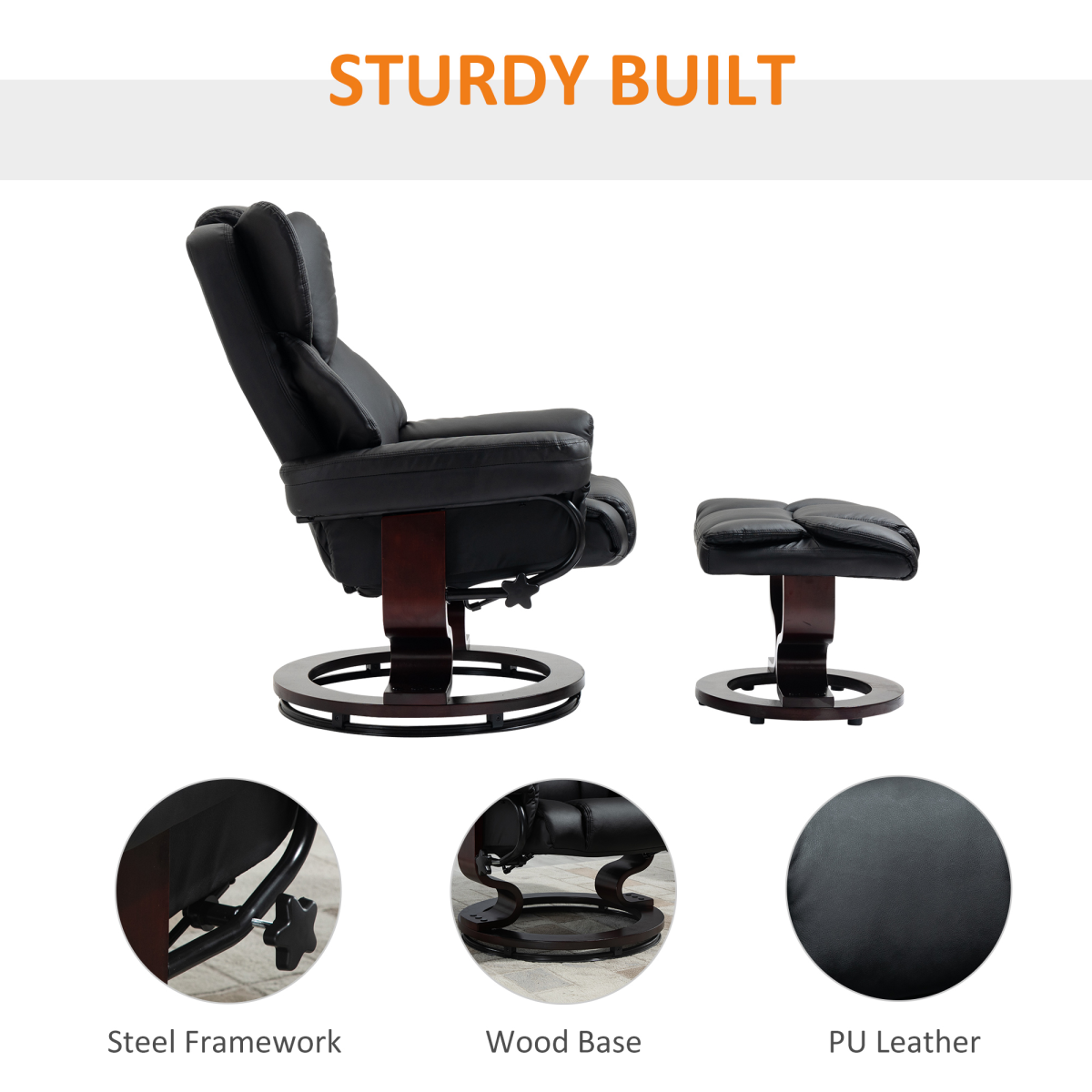 Black PU Leather Recliner Armchair with Swivel and Footstool