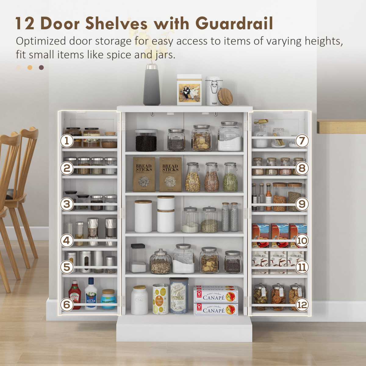 HOMCOM White Kitchen Cupboard, 5-Tier Shelf, Double Doors, 12 Spice Racks