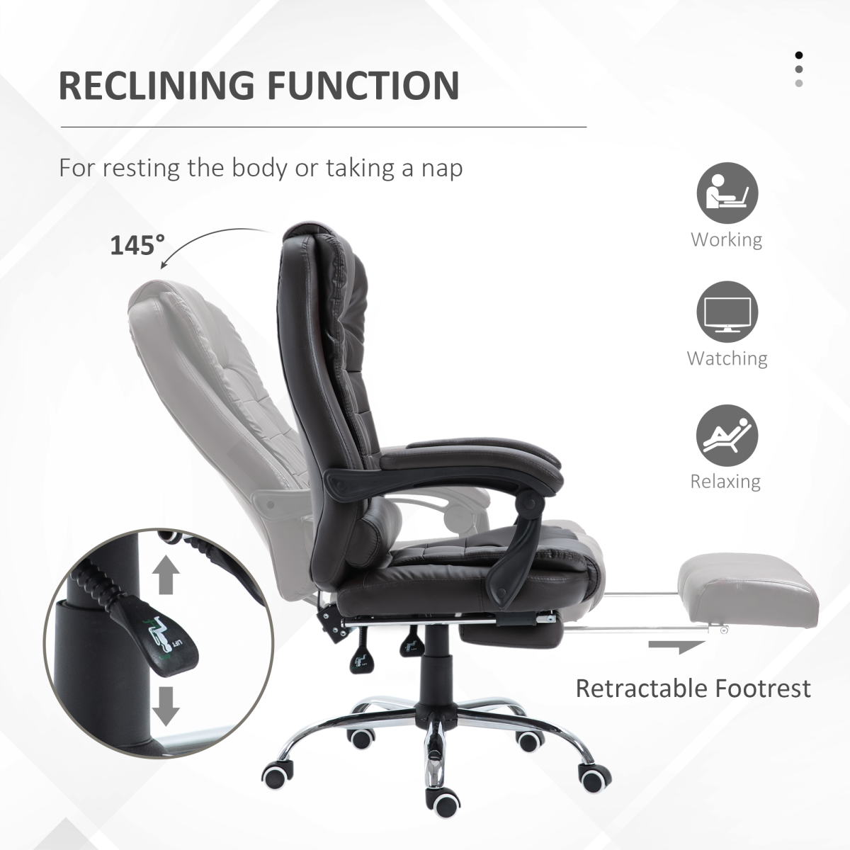 High Back Executive Office Chair with Reclining Backrest, Retractable Footrest, Swivel Wheels, Brown
