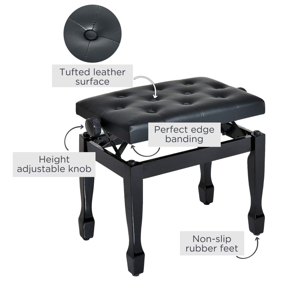 HOMCOM Adjustable Height Piano Bench Padded Faux Leather Seat with Wooden Legs