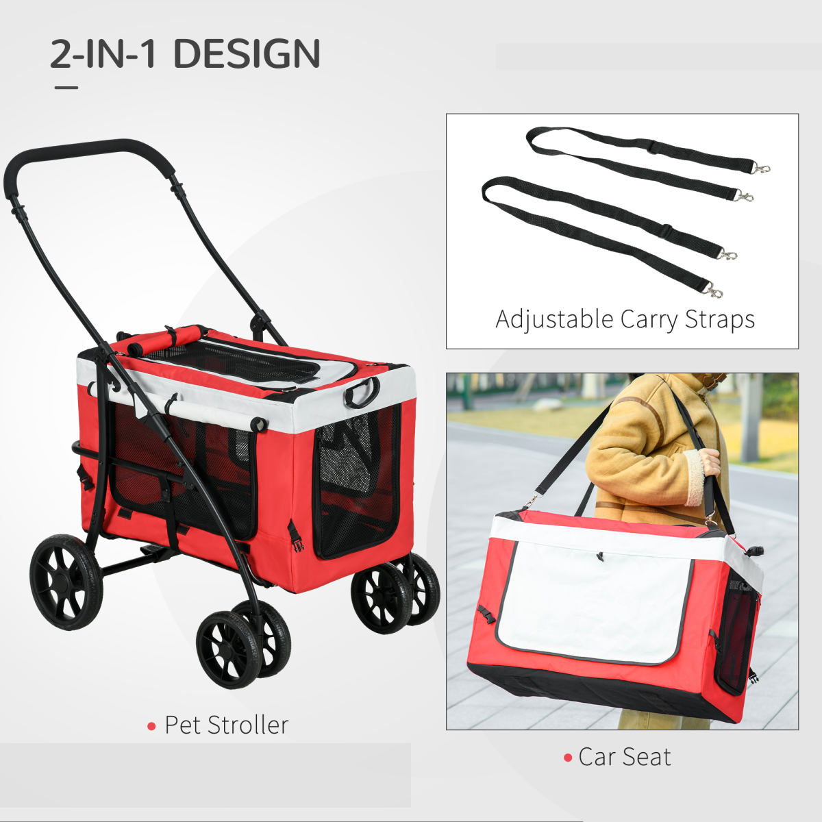 PawHut Foldable Pet Stroller with Detachable Carrier, Soft Padding, Red