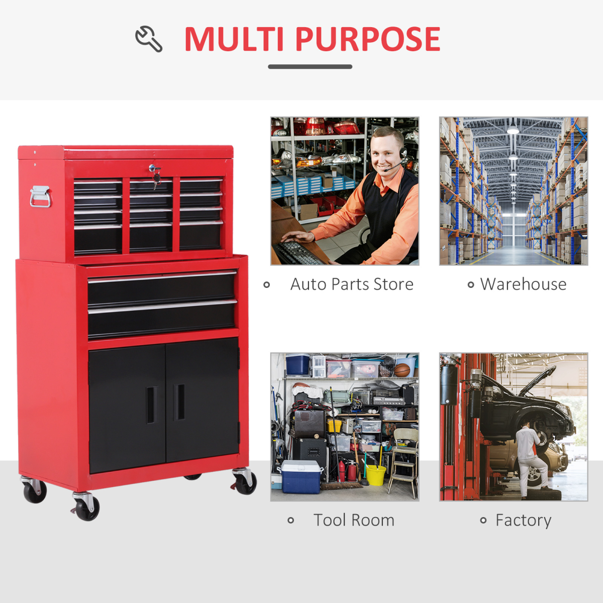 Portable Tool Chest and Roll Cab Combo with 6 Drawers, Lockable Top Chest, 360° Swivel Ball Bearing Runners, Metal Garage Storage Cabinet