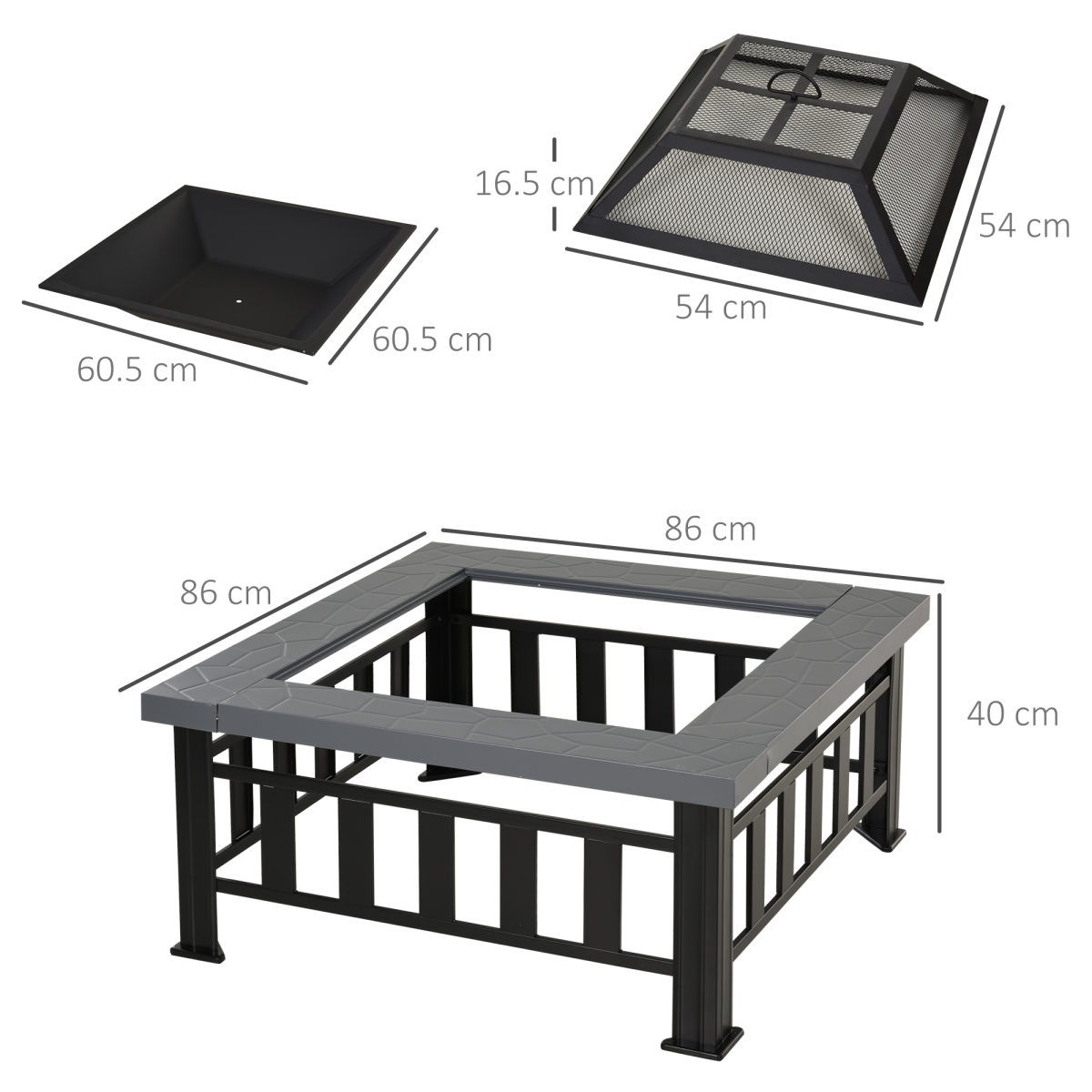 HOMCOM Square Fire Pit with Waterproof Cover, Black/Grey
