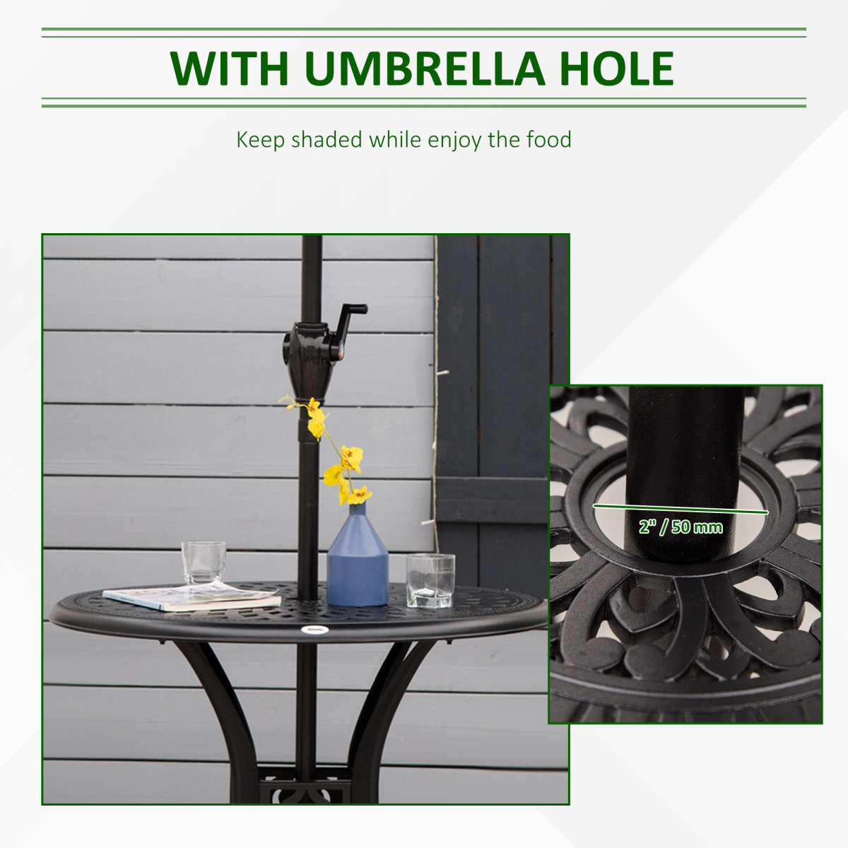 78cm Round Garden Dining Table with Parasol Hole Cast Aluminium Black