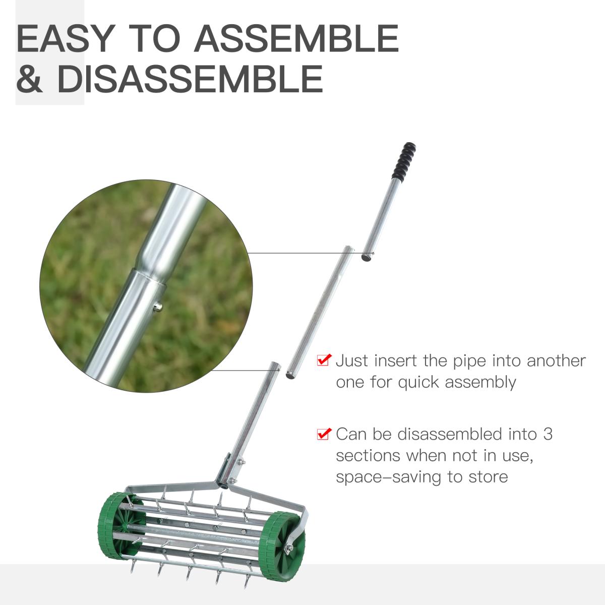 Outsunny Lawn Aerator Roller with 3-Level Adjustable Handle, Galvanized Metal and PP Plastic
